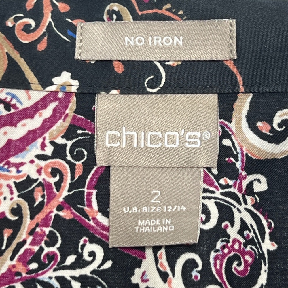 Chicos No Iron Paisley Button Down Shirt Black Blue 100% Cotton Size 2 L 12/14 - Picture 2 of 8